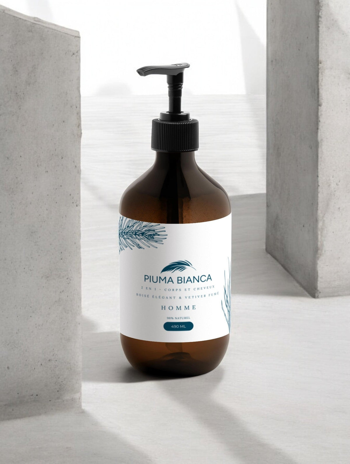 Gel Douche & Shampoing 2 en 1 - Boisé Élégant & Vétiver Fumé - Piuma Bianca